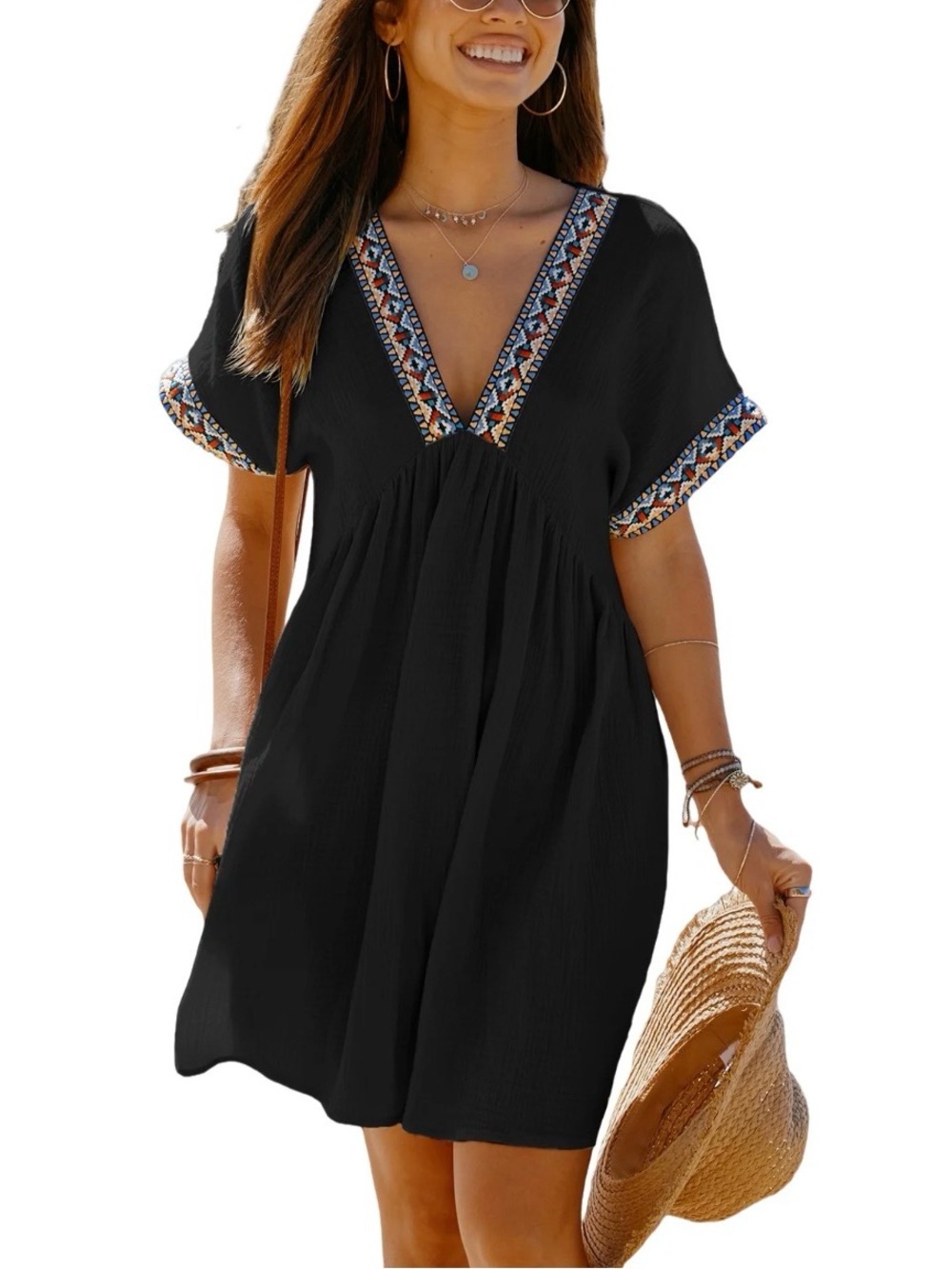 Black V-Neck Boho Mini Dress/Swim Cover with Embroidered Trim